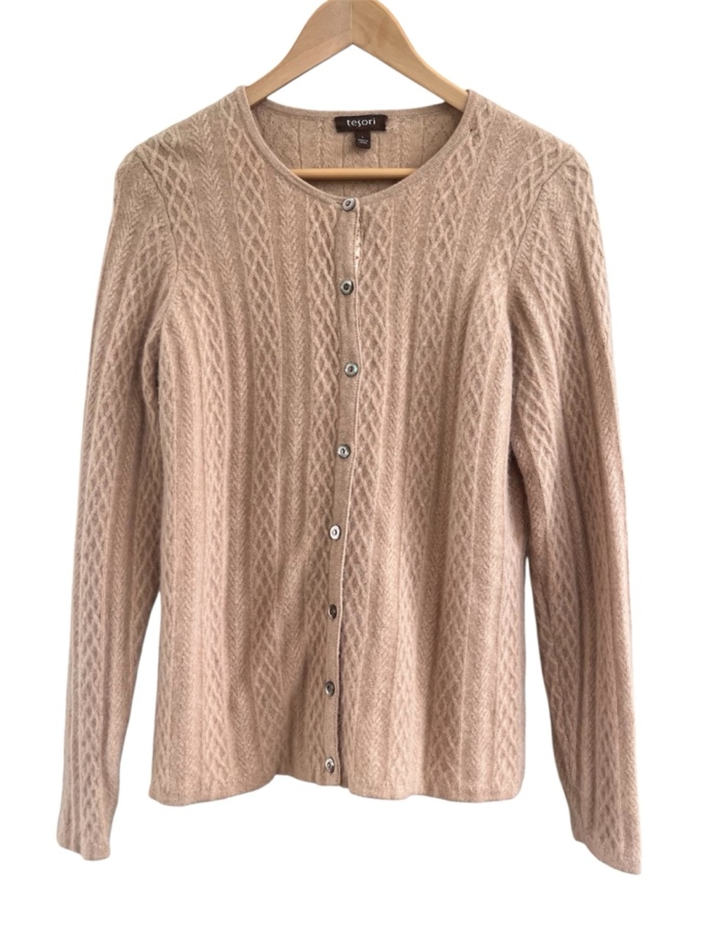 Tesori 100% Cashmere Cardigan Sweater Large Tan Cable Knit Coquette EUC